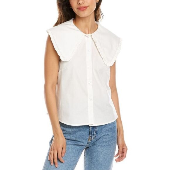 WeWoreWhat Ruffle Collar Cotton Poplin Button-Up - NWT, Optic White, XS - Picture 2 of 15